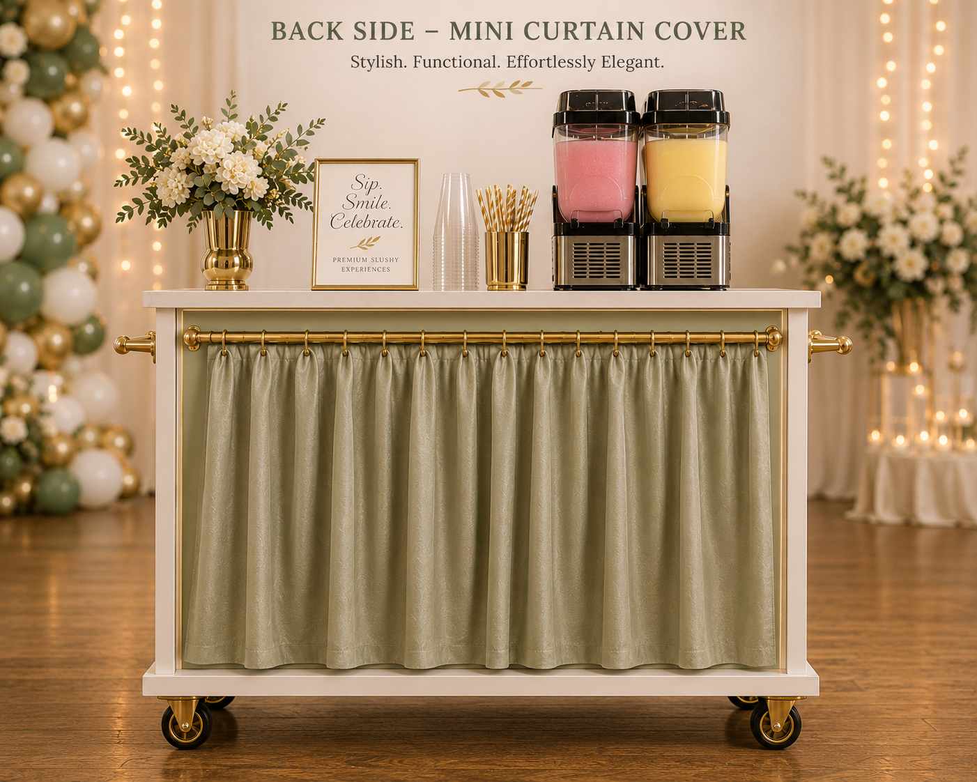 Back of the Glacé Mobile Bar cart showing the sage mini curtain concealing storage, cups, straws, and beverage machines