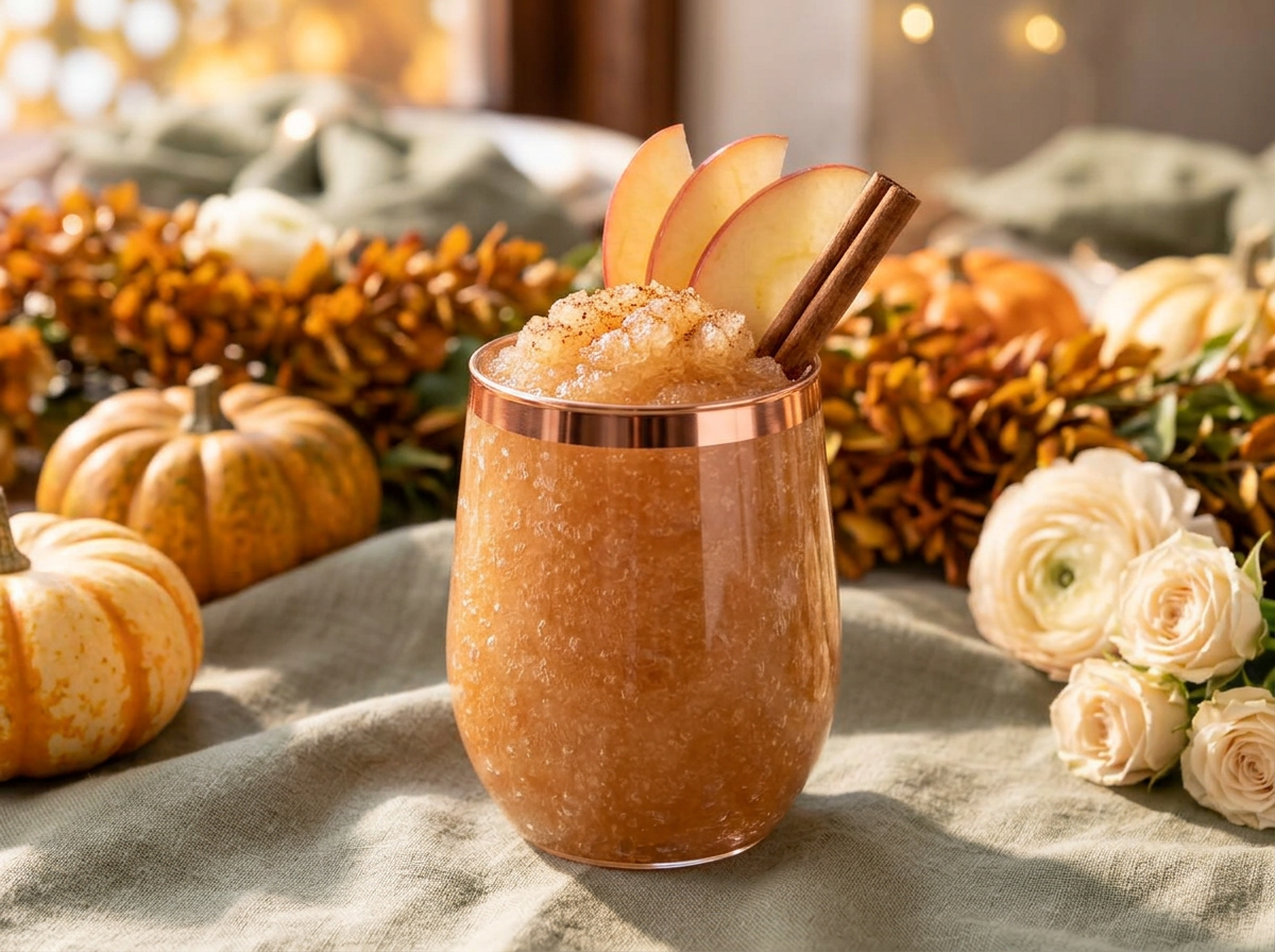 Apple cider frozen drink in a copper-trimmed disposable cup at an autumn baby shower