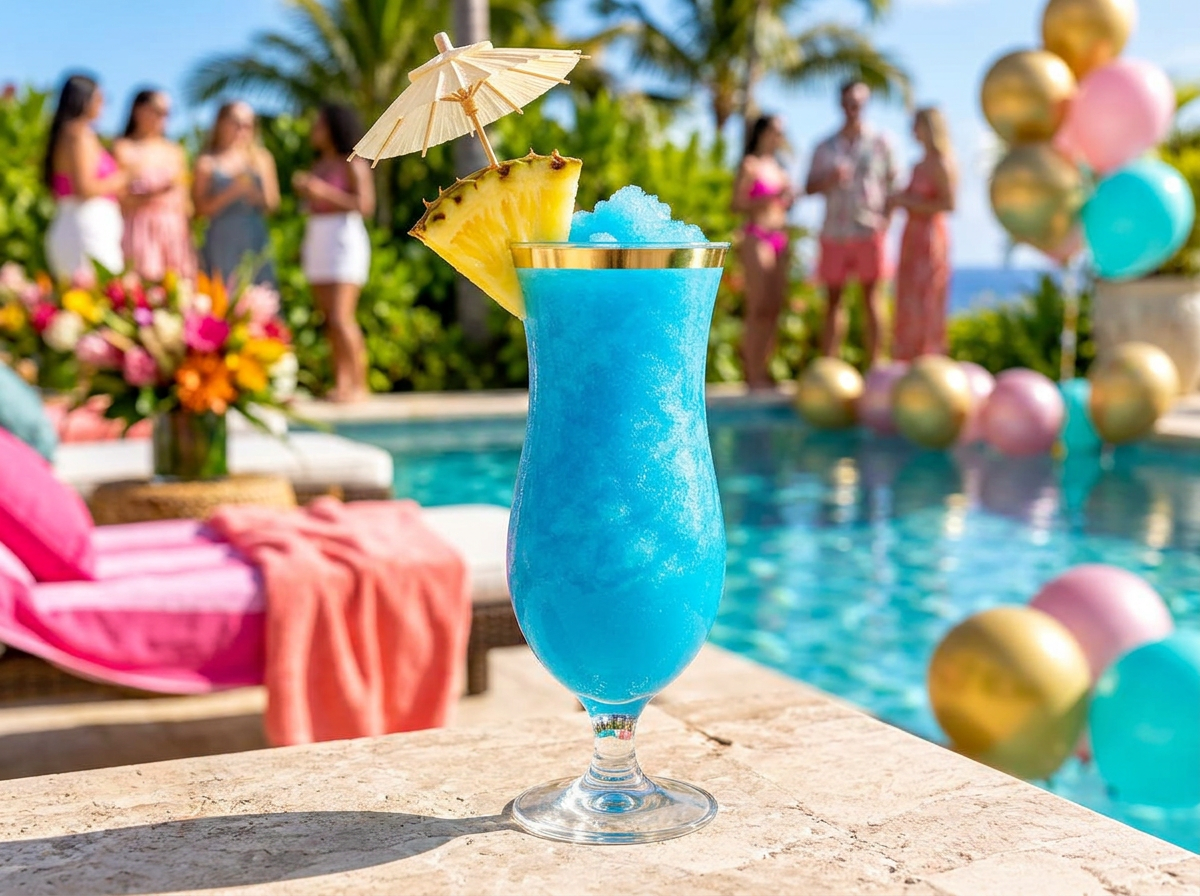 Blue Hawaiian frozen drink in a gold-trimmed disposable cup at a poolside celebration