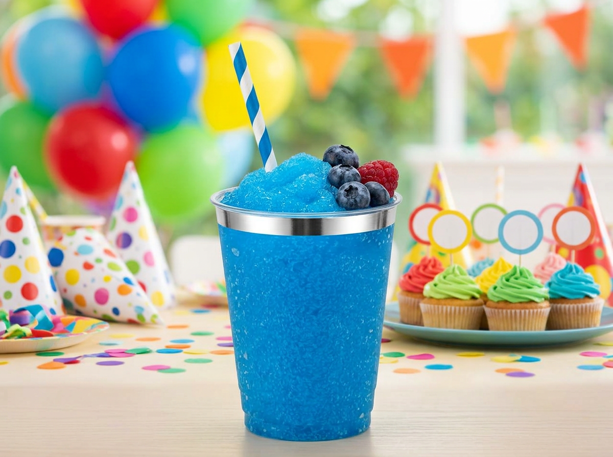 Blue raspberry frozen drink in a silver-trimmed disposable cup at a children's birthday party