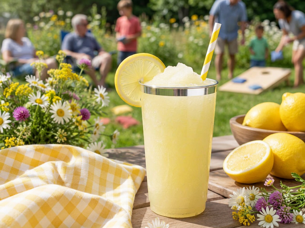Frozen lemonade in a silver-trimmed disposable cup at a family reunion
