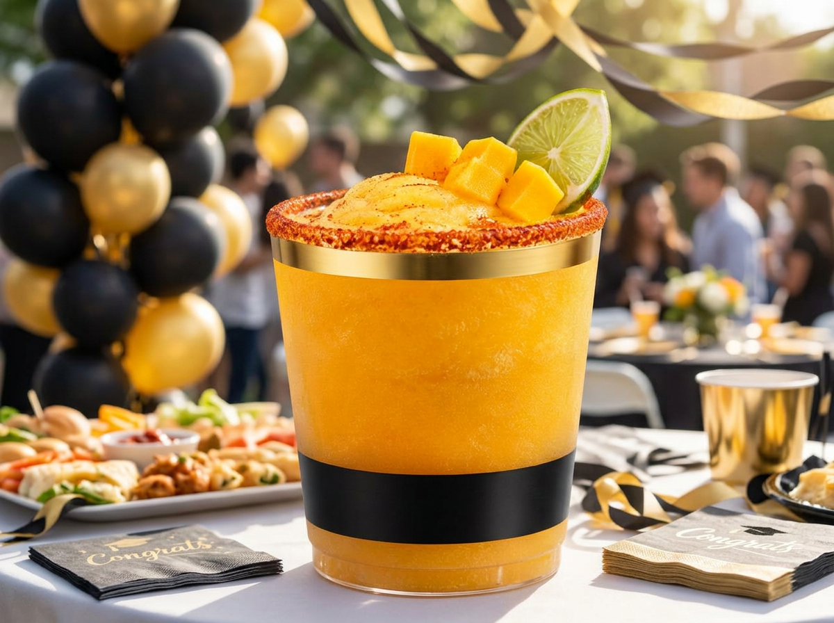 Mango frozen drink in a black and gold disposable cup at a graduation celebration