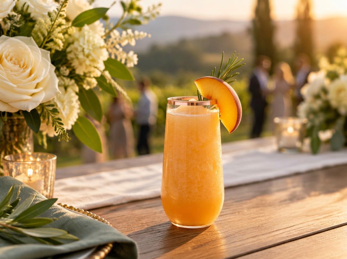 Peach frozen drink in a rose-gold disposable flute at an engagement party