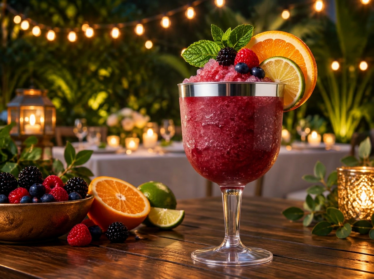 Sangria frozen drink in a silver-trimmed disposable goblet at an anniversary party